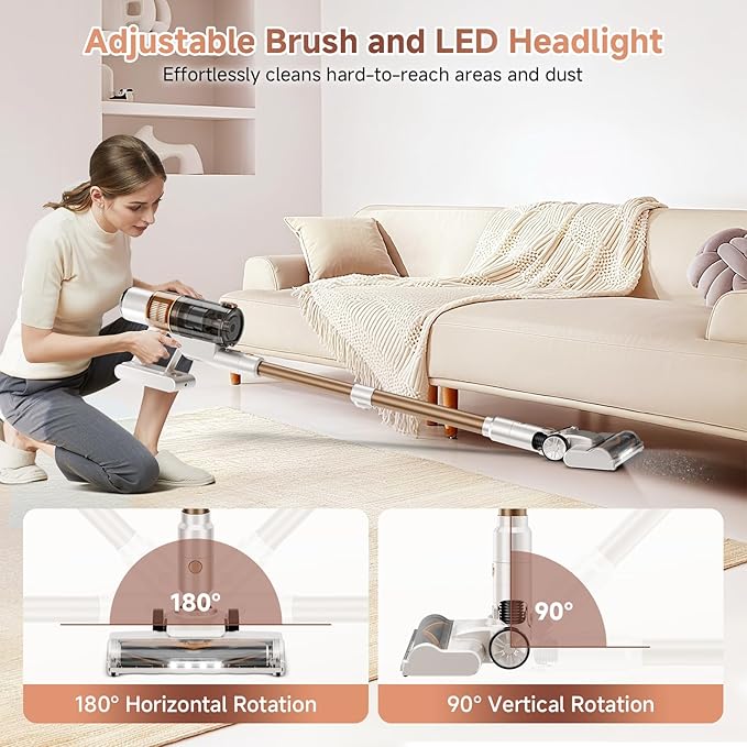 Clinkal Cordless Vacuum Cleaner: 40KPA Powerful Suction Cordless Stick Vacuum Cleaners for Home, Anti-Tangle Brush, Lightweight, 6-in-1 Rechargeable Vacuum for Pet Hair/Carpet/Hard Floor(Off-White)