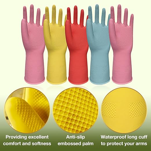 Kitchen Gloves for Washing Dishes - 5 Pairs Rubber Cleaning Gloves for Household Washing Dishes Cleaning Gardening, Non-Slip Dishwashing Gloves Reusable for Women Men Large
