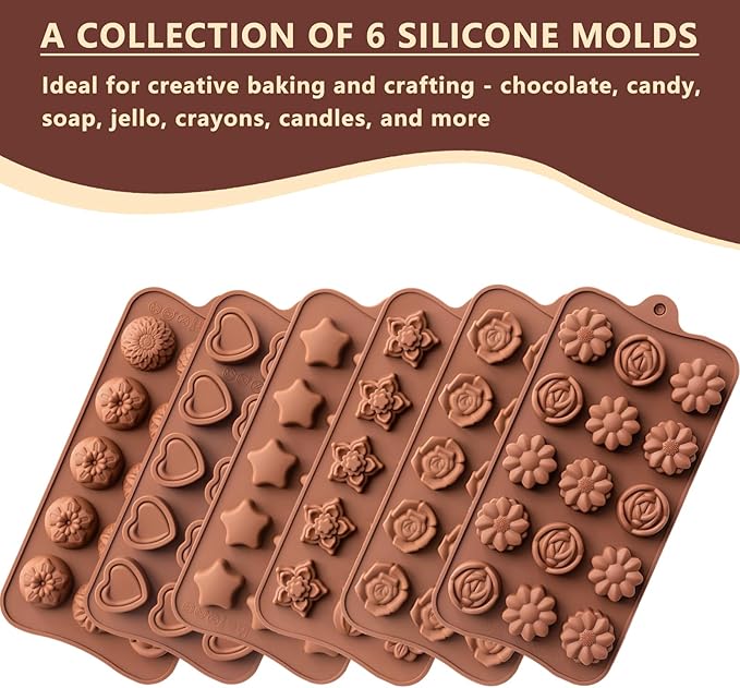 6 Pcs Silicone Chocolate Mold Set - Food-Grade Non-Stick Candy Molds Cookery Moulds for Chocolate, Candy, Jello, Soap & Crayon - Flower Shapes