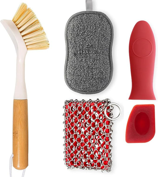 TEZZ 5 Pieces Cast Iron Cleaner Kit Include Stainless Steel Chainmail Scrubber, Dish Scrub Brush, Dual Sided Kitchen Dish Scrubber Sponge, Hot Handle Holder For Cleaning Cast Iron Skillets, Pot & Pans