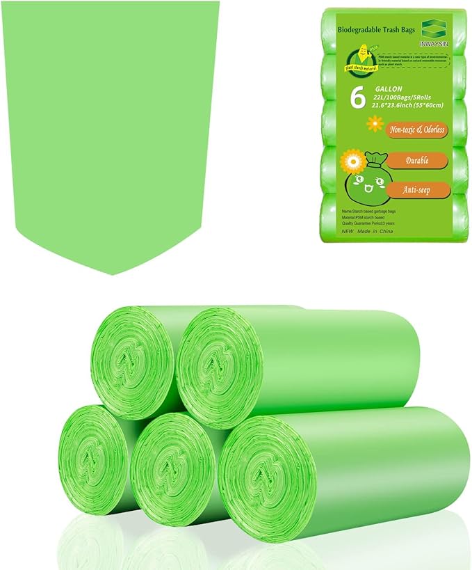Compostable Kitchen Trash Bags 6-Gallon - Heavy Duty Medium Unscented Biodegradable Garbage Bag Bulk 5 Rolls 100 Count Portable Toilet Wastebasket Liners for Bathroom Office Inwaysin