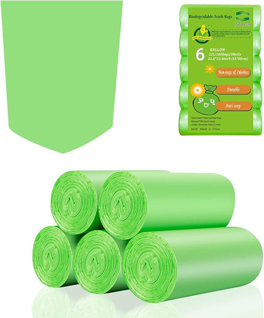 Compostable Kitchen Trash Bags 6-Gallon - Heavy Duty Medium Unscented Biodegradable Garbage Bag Bulk 5 Rolls 100 Count Portable Toilet Wastebasket Liners for Bathroom Office Inwaysin