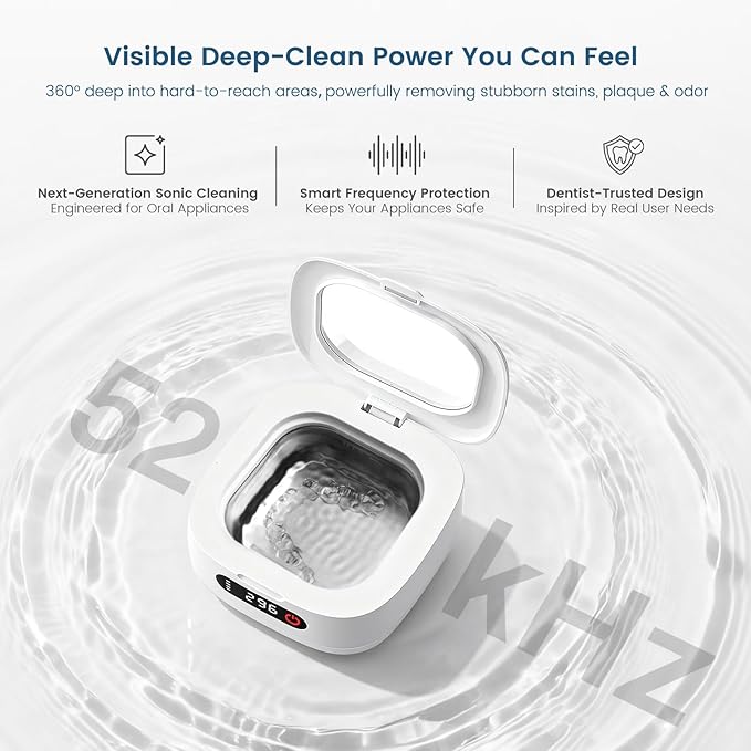 Viora Rechargeable 52kHz Ultrasonic Retainer Cleaner: Cordless Portable UV Dental Cleaning Pod for Invisalign, Denture, Mouthguard, Nightguard, Jewelry, with Mirror, USB-C Travel Cleaning Kit+Tablets