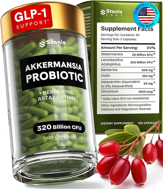 Akkermansia Muciniphila Probiotics 320 Billion CFU| GLP-1 Probiotic and Prebiotic | Akkermansia Probiotics for gut health | Inulin Prebiotic Fiber Capsules Astaxanthin & Berberine & Chromium 120 count