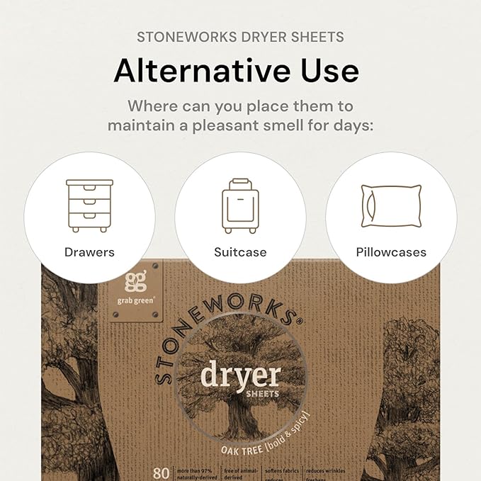 Grab Green Stoneworks Cruelty-Free Dryer Sheets | Softens Fabrics, Freshens Clothing & Reduces Static-Cling and Wrinkles | Plant Based | Birch Branch Scent (80 Sheets)