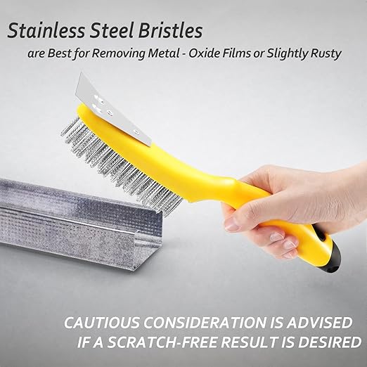 Chanharm 10.95" Wire Scratch Brush with Metal Scraper, Long Plastic Handle and 79 Bundles of Stainless Steel Bristles, Heavy Duty for Dust Paint Scrubbing, Dirt Rust or Welding Slag Removal