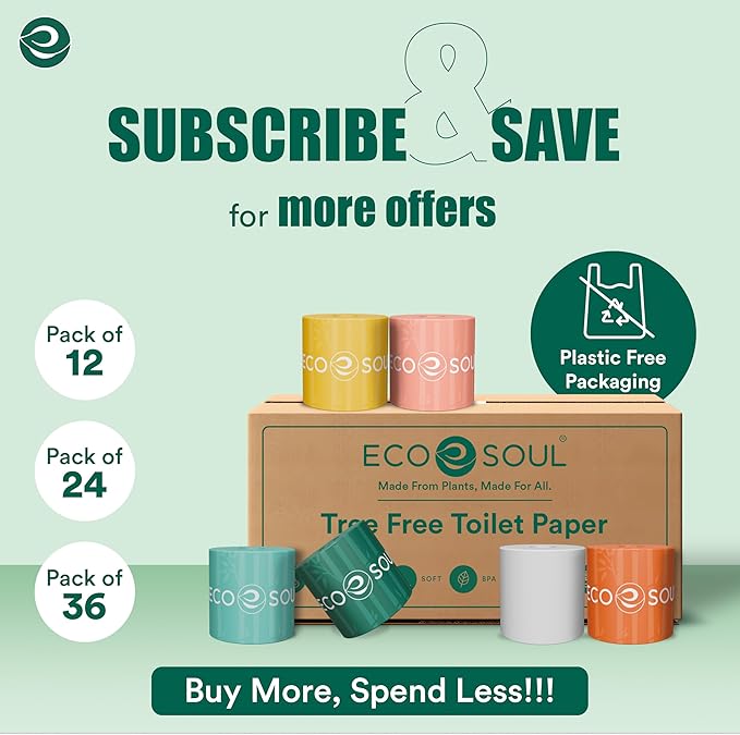 Eco Soul Premium Bamboo Toilet Paper 3 Ply | 36 Mega Rolls | 300 Sheets Each | FSC Certified Hypoallergenic, Textured & Skin-Friendly Septic-Safe Soft Bathroom Tissue Eco-Friendly Chemical & Dye Free
