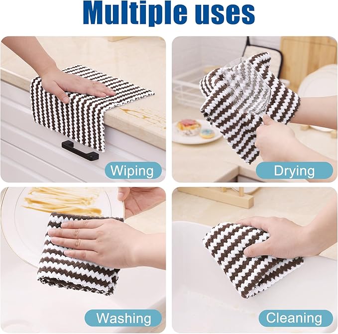 Homaxy 12 Pack Kitchen Dish Cloths, Ultra Soft and Absorbent Dish Towels, Reusable Fast Drying Microfiber Cleaning Cloth, Coral Velvet Wave Design No-lint, 10 x 10 inches, Brown
