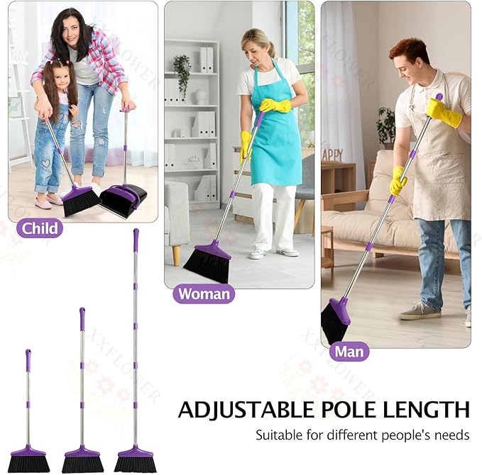 XXFLOWER Broom and Dustpan Set with Long Handle, Light Weight Stainless Steel Poles Stand Upright Dustpans with Broom Combo for Home Kitchen Office Pet Dog Hair, 1-Pack (Purple)
