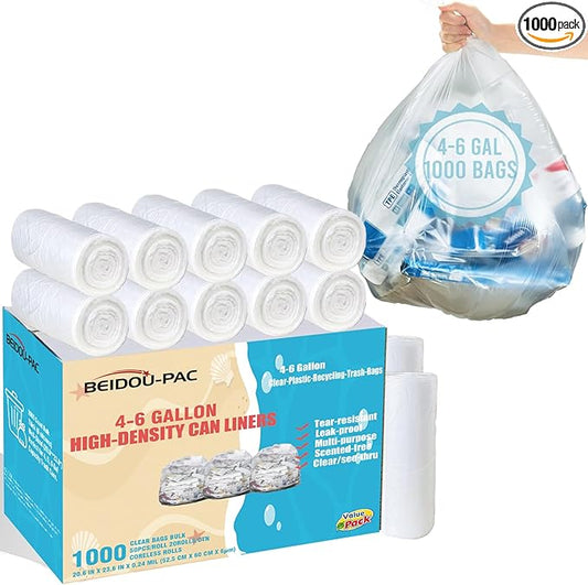 BEIDOU-PAC 4-6 Gallon Trash Bags, 1000 Count Bulk Value Pack, Clear Plastic Recycling Bags, Multi-purpose Garbage Bags for Business Home Bathroom Kitchen Commercial and Industrial