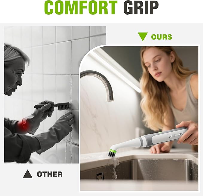WORKPRO Cordless Grout Brush Set, 5500RPM Power Scrubber, IPX6 Waterproof Electric Scrubber with Type-C Charging Cable and Replaceable Brush Heads for Cleaning Grout, Tiles, Grime, and Crevices