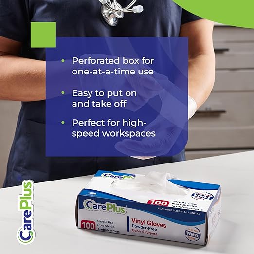 CARE PLUS Vinyl Gloves Clear Extra Large Size 200 Count | Heavy Duty, Non-Sterile, Powder-Free, Latex-Free Rubber | Food Prep, Kitchen & Cleaning Gloves, Ideal for Professional Use