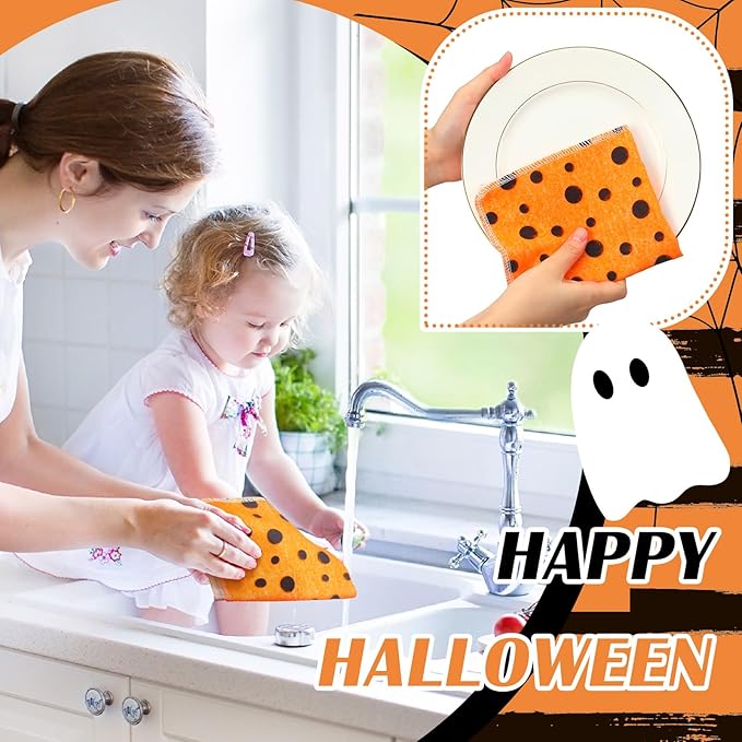 36 Pcs Halloween Reusable Paper Towels Rolls Washable Bulk Halloween Boo Pumpkin Kitchen Towels Paperless Reusable Cloth Cotton Napkins with Cardboard for Kitchen Bathroom