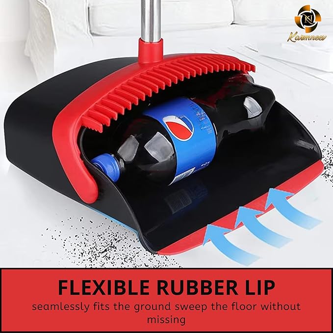KARMNEEV Standing Broom and Dustpan Set, Built-in Scraper Teeth, No-Slip Grip, Dust Collection Tray for Home, Office, Lobby, and Outdoor, Adjustable Handle from 38.18" to 52" (Black and Red)