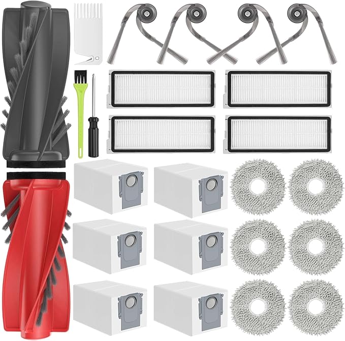 RUKHOOL Qrevo S5V Accessories Replacement Parts for Roborock Qrevo Curv/Qrevo Curv S5X / Qrevo Edge/Qrevo Edge S5A Accessory Kit 2 Main Brushes 6 Dust Bags 4 Filters 4 Mop Pads 4 Arch Side Brushes