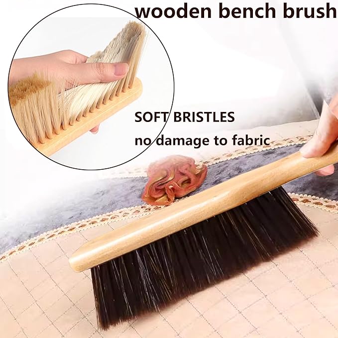 2 Pieces Woooden Dust Brush Hand Broom Bench Brush with Long Wood Handle Whisk Broom Soft Bristle Brush for Counter Bed Sofa Car Fireplace Clothes Household Cleaning (Brown,Beige)