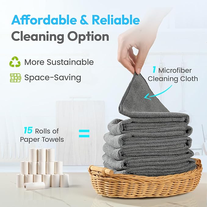 Microfiber Cleaning Cloths 12”x12” 24Pack Grey Lint Free Kitchen Cloths - Extra Thick, Streak-Free, Lint-Free, Fast Absorbent - Reusable Multi-Purpose Housekeeping Rags for Cars, Dishes, Floors, Tiles