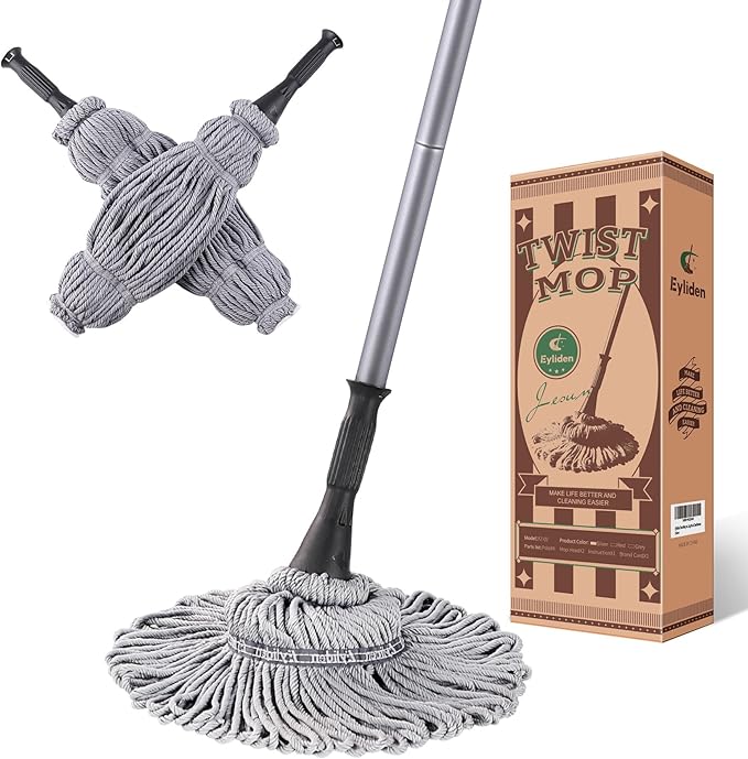 Eyliden Mop with 2 Reusable Heads, Easy Wringing Twist Mop, with 57.5 inch Long Handle, Wet Mops for Floor Cleaning, Commercial Household Clean Hardwood, Vinyl, Tile, and More (Grey)