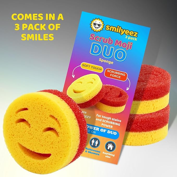 The Original Smiling Handle for Scrub Daddy (Reg. TM) Sponge and Scrub Moji Sponge (White Handle) & 3 Scrub Moji DUO's