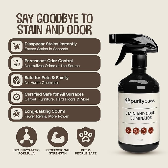 Purity Paws Pet Stain & Odour Remover – Fast-Acting Enzyme Cleaner for Dog & Cat Urine, Feces & Vomit – Pet Safe Odor Eliminator for Carpet, Upholstery, Car, Bedding, Tiles – Puppy Essentials – 500ml