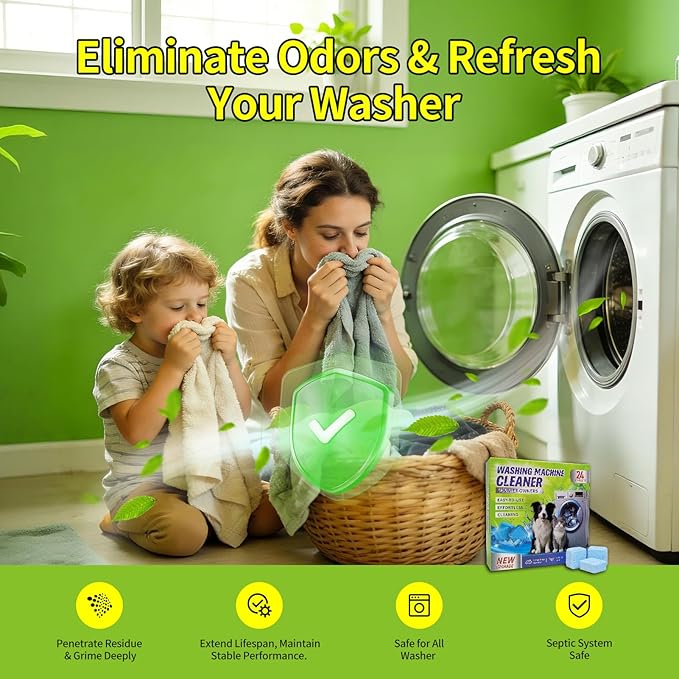 Luvoar Washing Machine Cleaner Tablets - Deep Cleans & Descaler for Front Load and Top Load Washers, HE Compatible, 24 Pack Formulated for Pet Owners