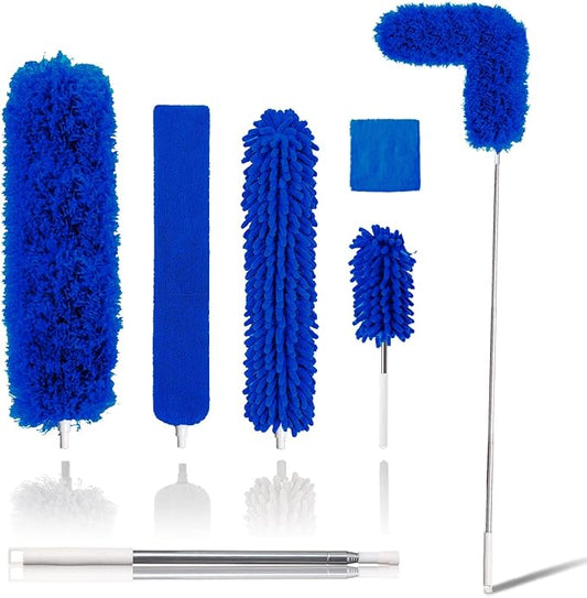 Upgraded Dusters for Cleaning (6pcs), Ceiling Fan Duster with 100" Thickened Extension Pole, Extendable Long Microfiber Duster for High Ceilings, Reusable & Washable Dusting Wand by OOSOFITT Blue