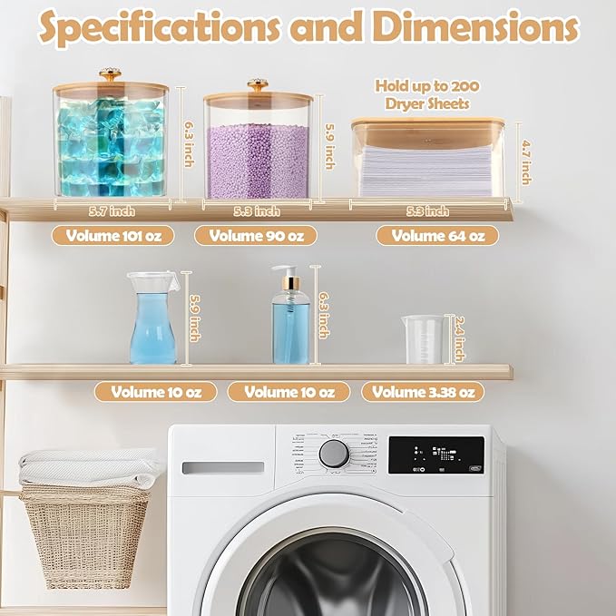 5 Pcs Laundry Container Organizing with Laundry Powder Container and Dryer Sheet Holder Acrylic Laundry Soap Dispenser Bottle with Funnel, Measuring Cup Laundry Pod Holder for Beads,Soap,Scent Booster
