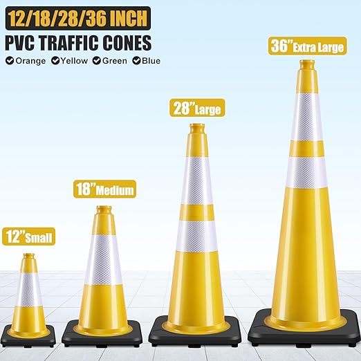 Fluorescent Orange/Green PVC Traffic Cones, Heavy Black Base Parking Lot Cone Structurally Stable Weatherproof Road Construction Safety Cones (8, Yellow, 28" Large)