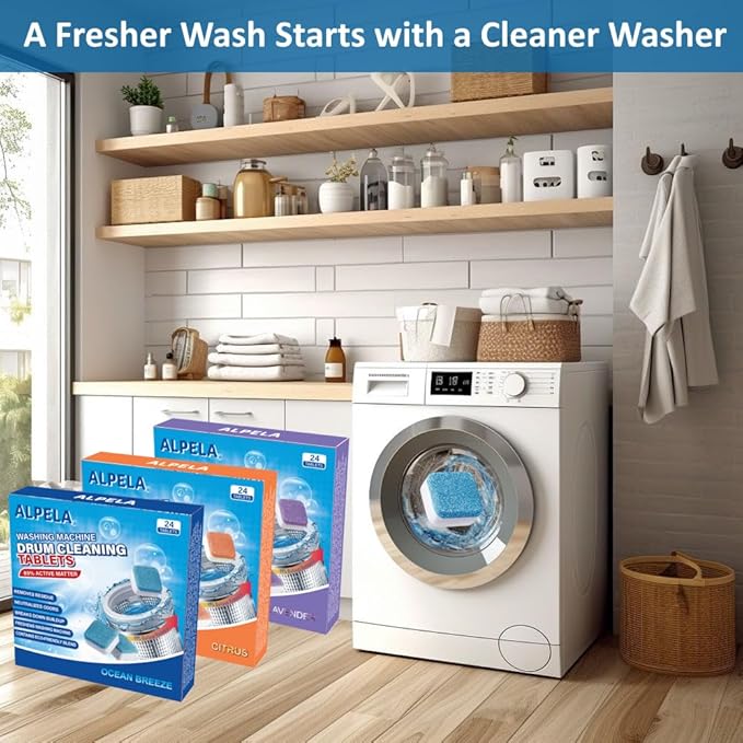 ALPELA Washing Machine Cleaner Descaler | Deep Cleaning Tablets For HE Front & Top Load Washer, Septic Safe Eco-Friendly Deodorizer, Clean Inside Drum and Laundry Tub Seal (Lavender Scent - 24 Count)