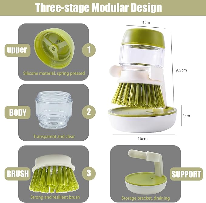 Soap Dispenser with Dish Brush and Storage Bracket, Easy to Clean Kitchen Utensils and Sink, Gray
