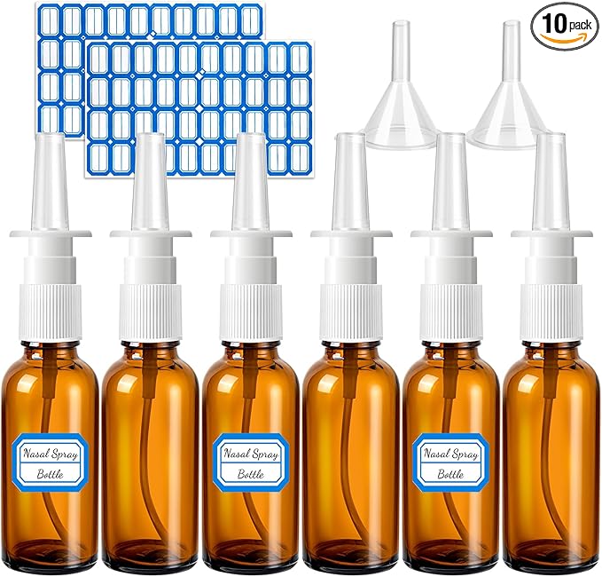 10 Pcs Nasal Spray Bottle, 30ML/1oz 6 Pcs Glass Nose Spray Bottle Empty, Fine Mist Sprayers Atomizers with 2 Pcs Funnels and 2 Pcs Labels