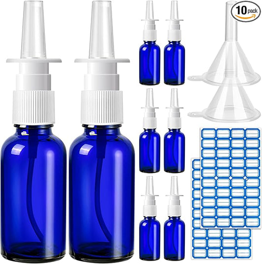 10 Pcs Nasal Spray Bottle Empty, 30ML/1oz 6 Pcs Refillable Nasal Spray Bottle Fine Mist Glass with 2 Pcs Funnels and 2 Pcs Labels