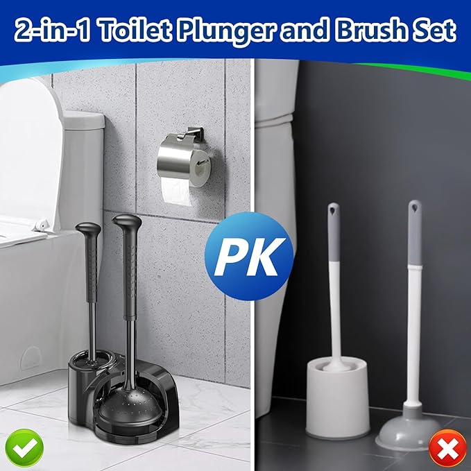 EHADOO Toilet Brush and Plunger Set: 2-in-1 Heavy Duty Toilet Plunger and Bowl Brush Combo with Holder for Bathroom Cleaning - Black