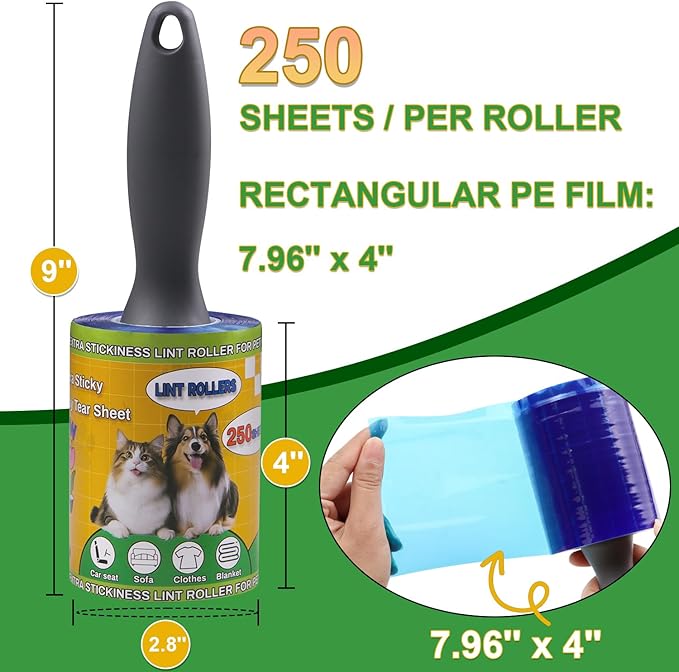 Sunroda Lint Rollers Pet Hair Value Pack of 500 Sheets, Extra Sticky Lint Remover for Dog & Cat Fur, Clothes, Furniture, Couches Reusable Rollers for Fuzz, Fluff & Hair (Blue, 2 Count / 500 Sheets)