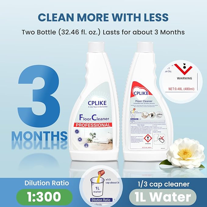 CPLIKE Floor Cleaning Solution for Mops, Compatible with Roborock (Qrevo/Q7/Q10/Saros 10R) and Other Brand Robot Vacuum and Mop Cleaner, Tea Tree Scent, 16.23 fl oz, Pack of 2