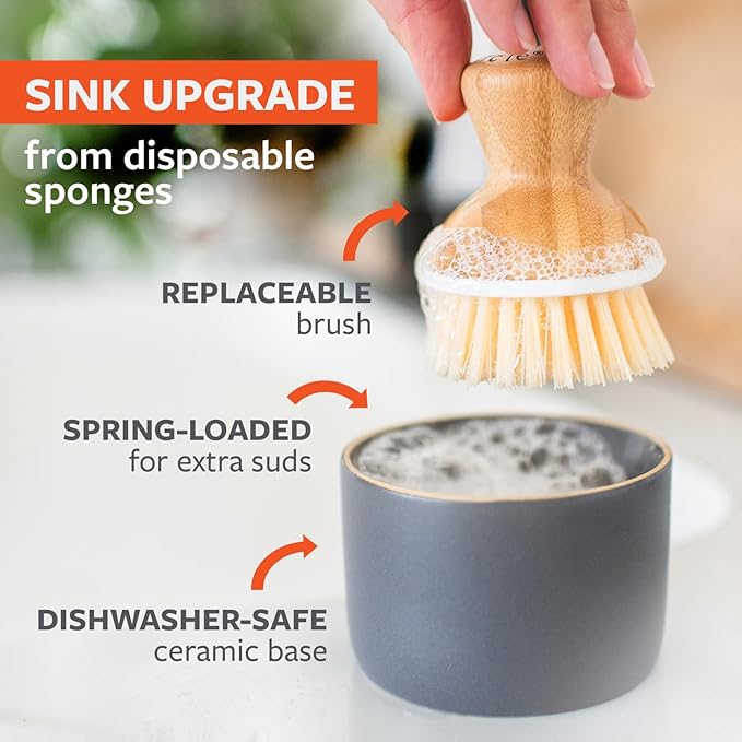 Full Circle Bubble Up Bamboo Dish Brush & Ceramic Soap Dispenser – [Bamboo Coating] Family Safe, Formaldehyde-Free – Kitchen Scrub Brush for Dishes, Nonstick & Cast Iron, Gray