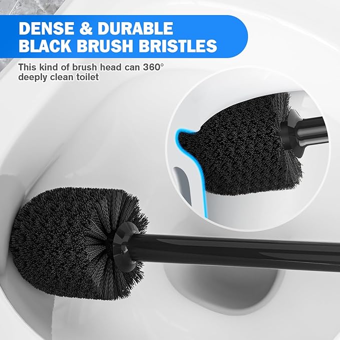 Toilet Plunger and Brush Set,2 Pack Bowl Brush and Heavy Duty Toilet Brush with Ventilated Holder, 2-in-1 Toilet Brush and Plunger Combo for Bathroom Deeply Cleaning（Black）