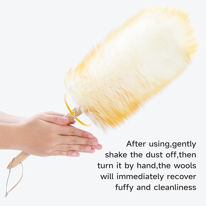 ONESIMUS 2 Pack Lambswool Dusters Fluffy Handheld Natural Feather Duster, 16.5 inch Washable Reusable Wool Dusters with Solid Wooden Handle for Cleaning Ceiling Fan, Interior, & Car etc