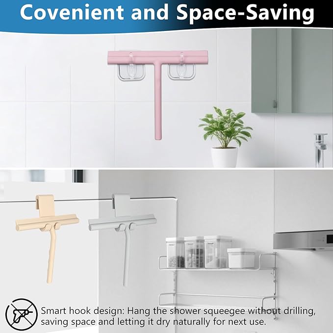 DEOFUXT Shower Squeegee for Glass Doors, Full Silicone Jacketed Squeegee with Ergonomic Handle & No-Drill Hook, Cleaning Tool for Windows, Mirrors, Tiles, Bathroom & Car - White