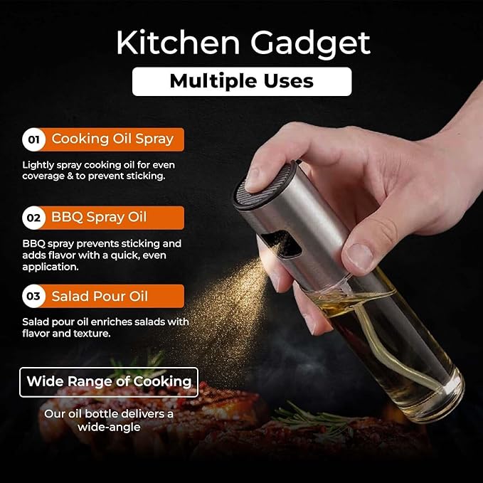 VIGOR PATH Oil Sprayer Mister - 100ml Stainless Steel Cooking Oil Sprayer Bottle for Air Fryer, BBQ, Salad, Baking, and Roasting - Refillable Oil, Vinegar, Sprayer for Kitchen Gadgets - Pack of 2