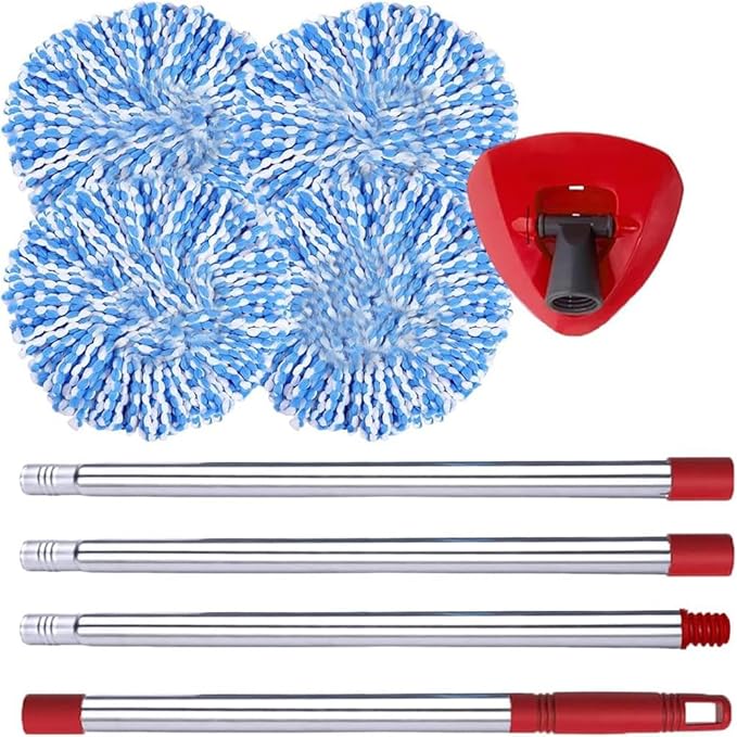 ANREKEYH Spin Mop Replace Head, Base, Handle Compatible with O Cedar EasyWring RinseClean Microfiber Spin Mop, 4 Microfiber Mop Refills, 1 Triangle Mop Base and 58in Mop Handle (Blue (2-Tank System))