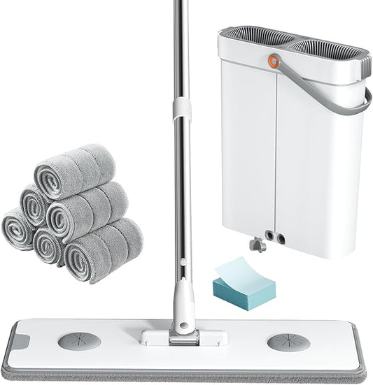 POPMOP Flat Mop and Bucket System - Mop and Bucket with Wringer Set for Home | Wet Dry Mop for Apartment, Tiny Home, Windows, Wall, Hardwood Floor, RV with 6 Reusable Microfiber Cloth