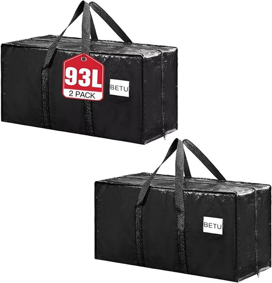 BETU Extra Large Moving Bags Heavy Duty Storage Bags with Zipper Handles, 2 Pack Clothes Storage Totes Bins Packing Moving Boxes, Moving Supplies for College Dorm Essentials, Space Saving, Black