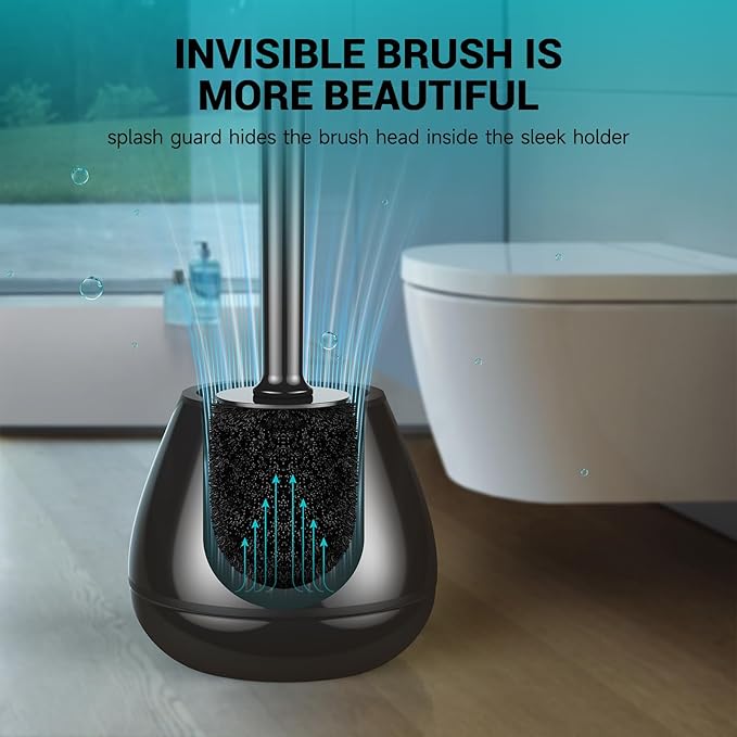 Toilet Brush and Holder, 2 Pack Toilet Bowl Brush with Long Handle, Plastic Holder Easy to Hide, Drip-Proof, Easy to Assemble, Deep Cleaning, Black