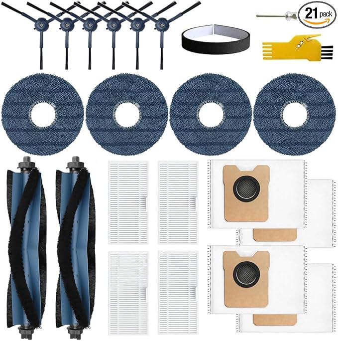 aoteng C20 Omni Replacement Parts for Eufy C20 Omni Robot Vacuum Accessories Kit 21 Packs 2 Roller Brushes, 4 Filters, 6 Side Brushes, 4 Mop Cloths, 4 Dust Bags, 1 Bumper Stripe