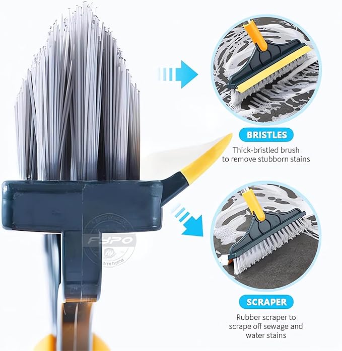 2 in 1 Cleaning Scrub Brush with Long Handle Heavy Duty - 2023 New Shower Powerful Brush and Scraper 2-in-1 Cleaning Tool with Soft Scraper Squeegee, V-Shaped Bristles Scrubber Deck Brush (White)