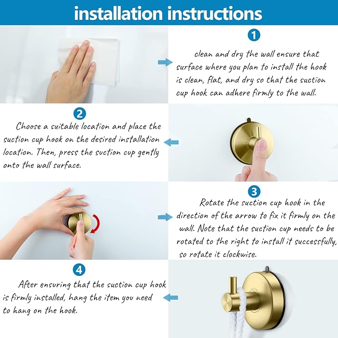 DGYB Suction Cup Hooks - Gold Towel Hooks for Bathrooms - SUS 304 Stainless Steel - 15 Lb Capacity