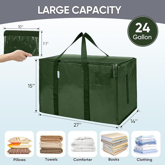 TICONN 2 Pack Extra Large Moving Bags with Zippers & Carrying Handles, Heavy-Duty Storage Tote Moving Boxes for Space Saving (2 Pack, Olive)