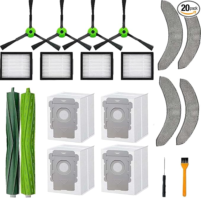 Replacement Parts Kit Compatible with iRobot Roomba Combo j7+ Plus, Combo j9+,Combo 10 Max Vacuum, Includes 1 set Roller Brushes, 4 Mop Pads, 4 HEPA Filters, 4 Side Brushes, 4 Dust Bags