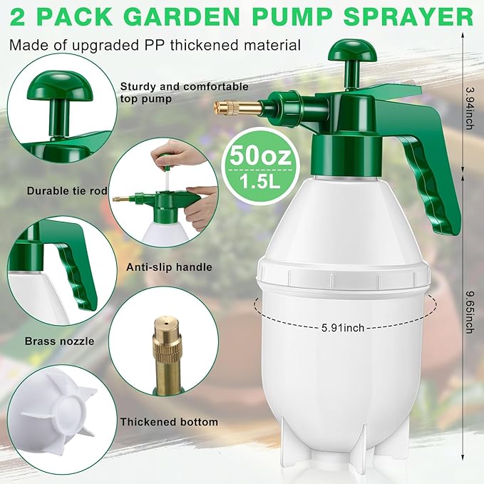 2 Pcs 50 oz Handheld Pump Spray Bottle Garden Spray Bottles Lawn Pressure Hand Pump Sprayer with Adjustable Nozzle for Chemicals Watering Weeds Garden and Car Detailing & Washing (Green)